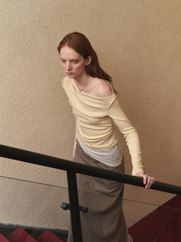 someonesometimes Faux Cashmere Slim Fit Asymmetrical Slant Neck Women Knit Pullover Sweaters