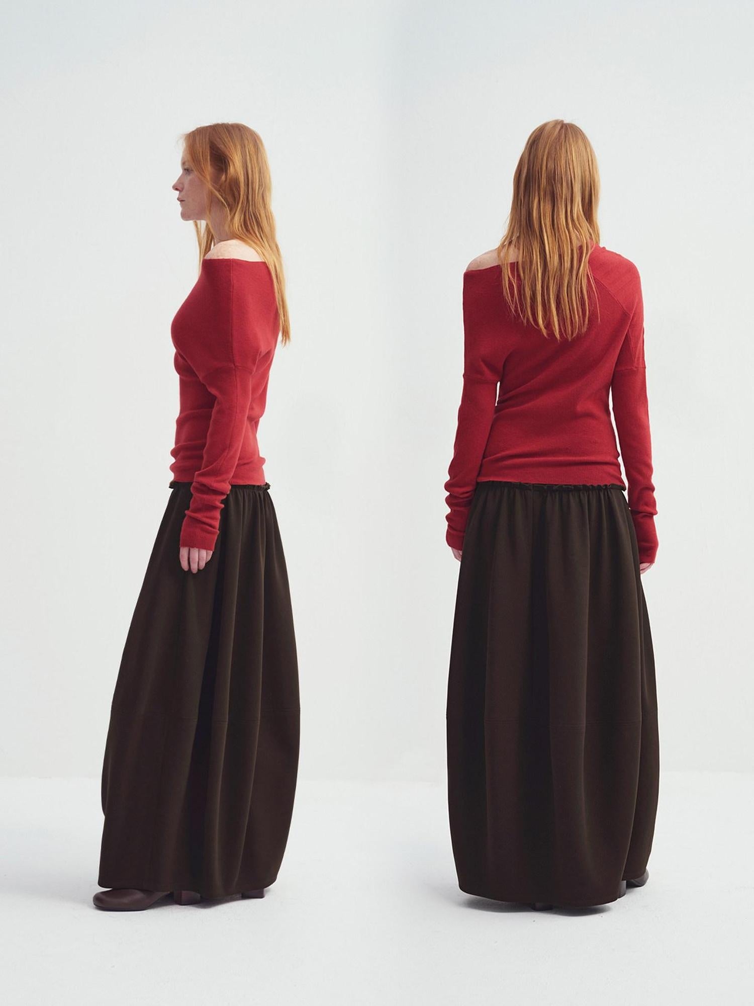 someonesometimes Fiery Red Asymmetric Slim Knit Pullover Women Slant Neck Sweaters