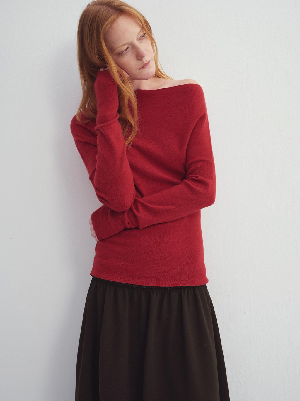 someonesometimes Fiery Red Asymmetric Slim Knit Pullover Women Slant Neck Sweaters