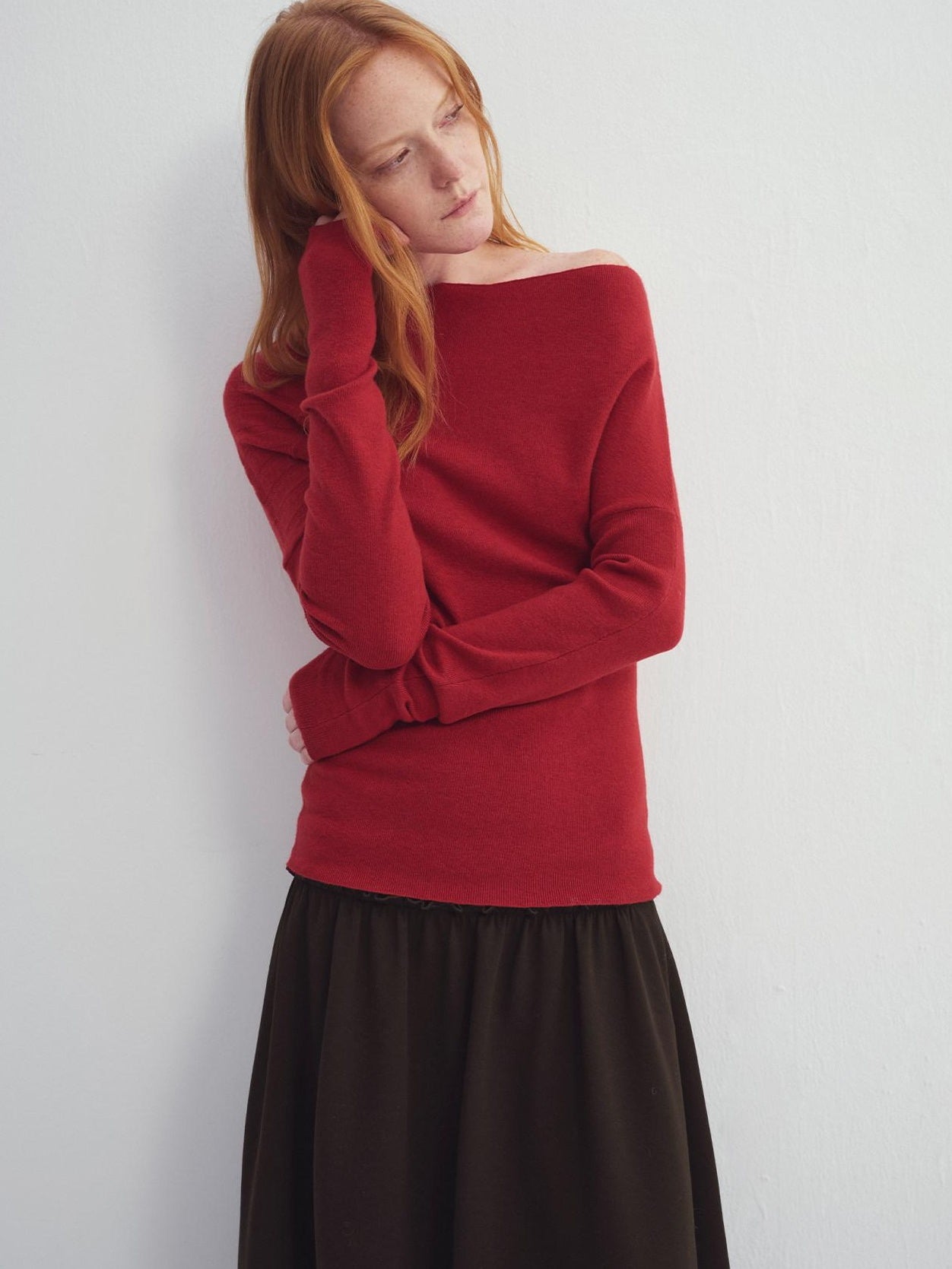 someonesometimes Fiery Red Asymmetric Slim Knit Pullover Women Slant Neck Sweaters