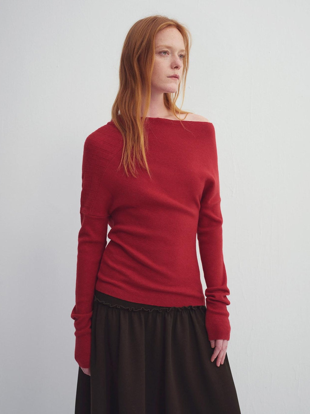 someonesometimes Fiery Red Asymmetric Slim Knit Pullover Women Slant Neck Sweaters