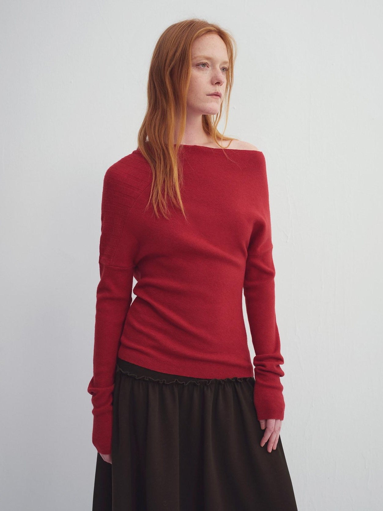 someonesometimes Fiery Red Asymmetric Slim Knit Pullover Women Slant Neck Sweaters