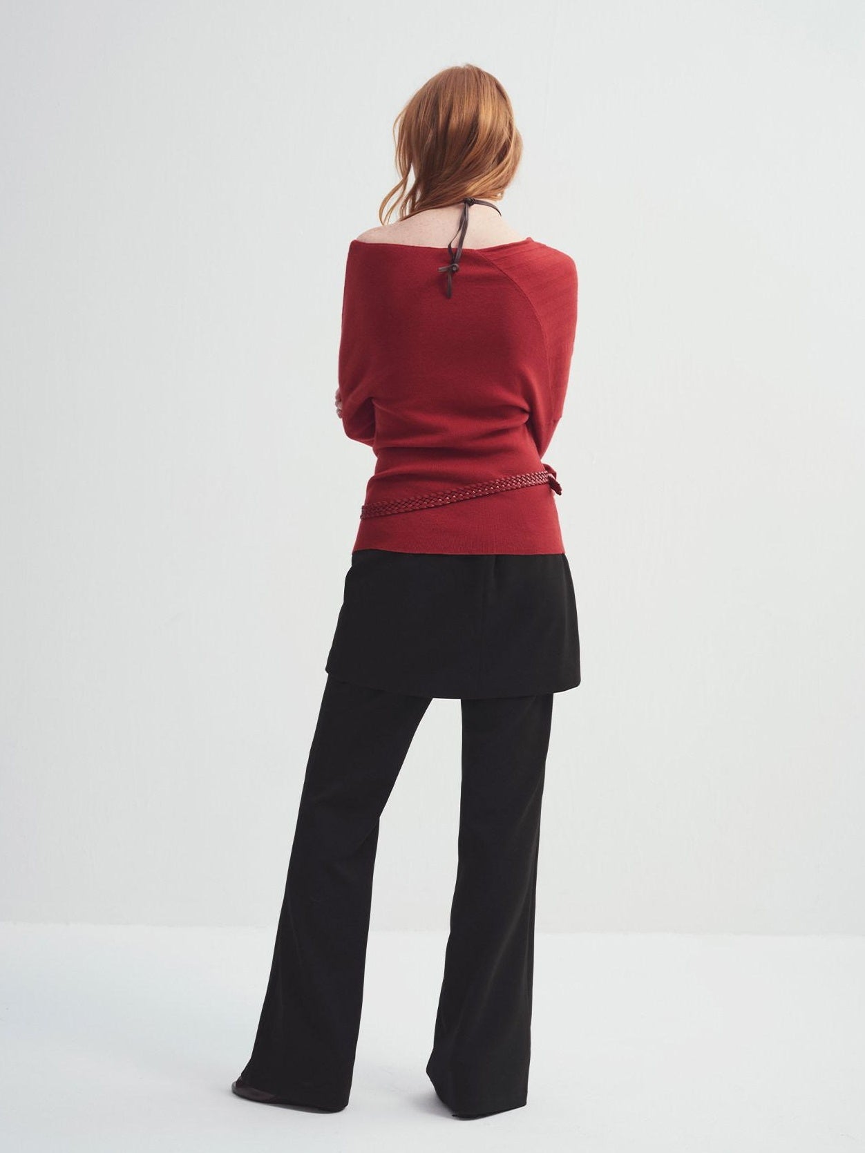 someonesometimes Fiery Red Asymmetric Slim Knit Pullover Women Slant Neck Sweaters