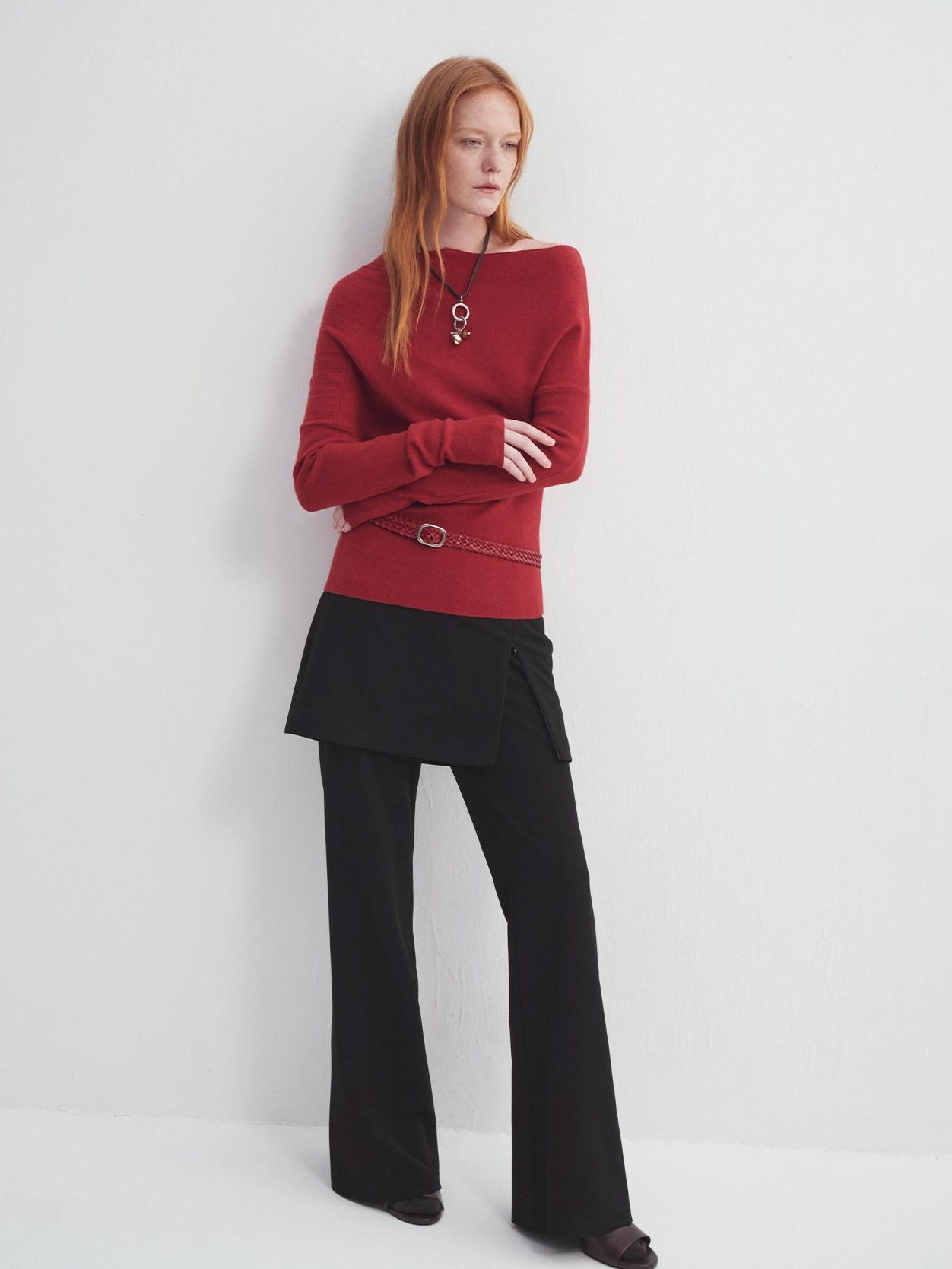 someonesometimes Fiery Red Asymmetric Slim Knit Pullover Women Slant Neck Sweaters