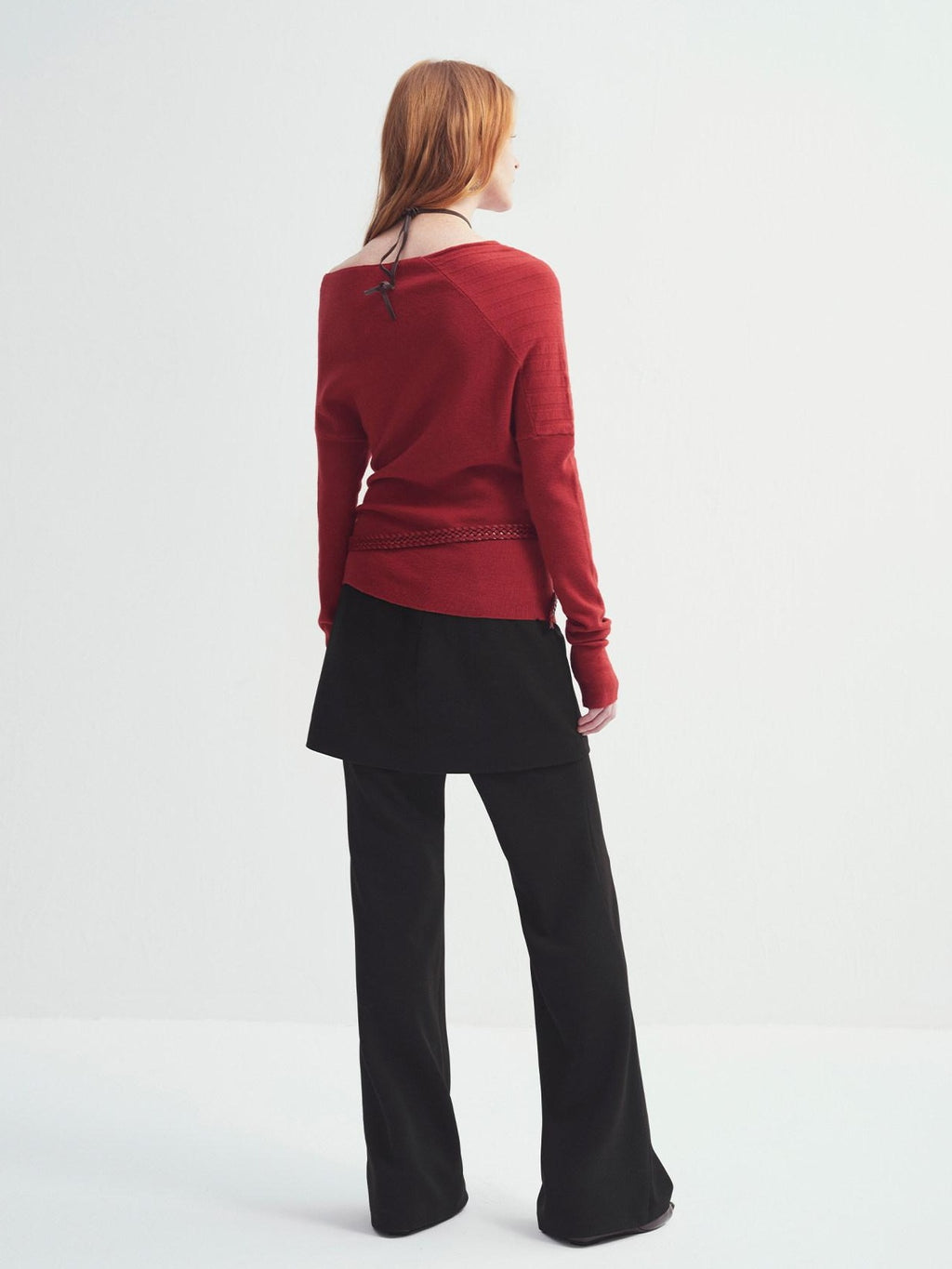 someonesometimes Fiery Red Asymmetric Slim Knit Pullover Women Slant Neck Sweaters