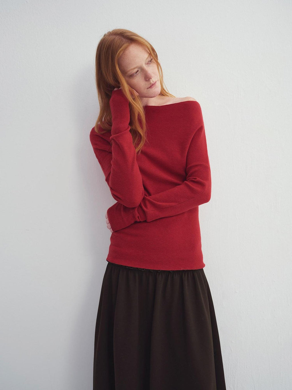 someonesometimes Fiery Red Asymmetric Slim Knit Pullover Women Slant Neck Sweaters