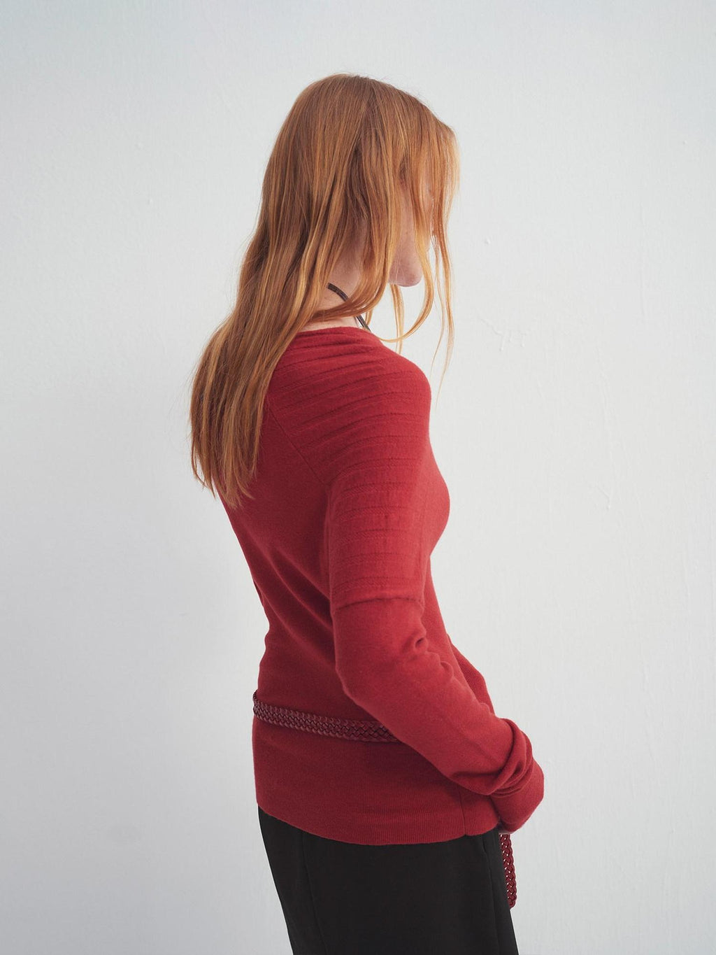 someonesometimes Fiery Red Asymmetric Slim Knit Pullover Women Slant Neck Sweaters