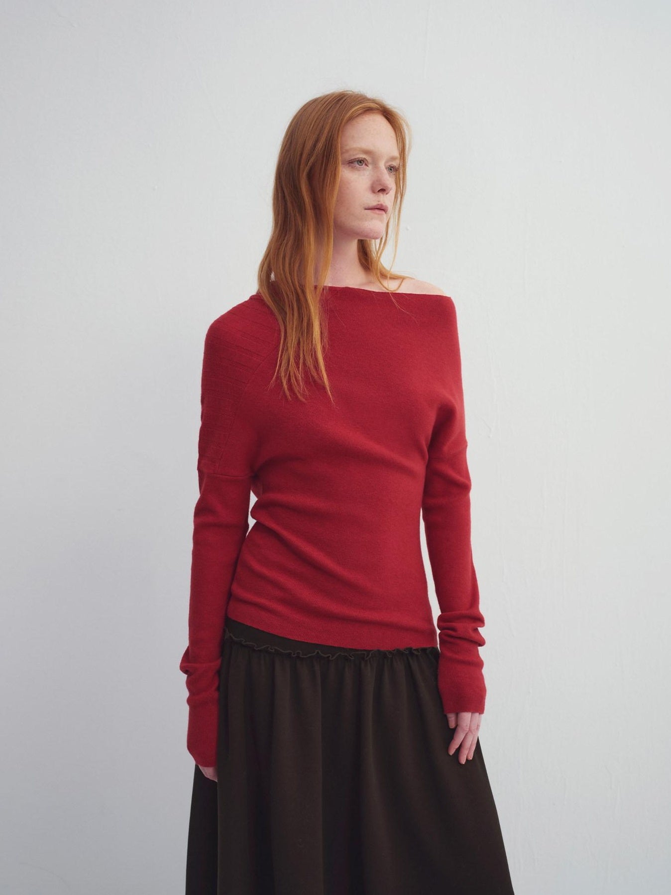 someonesometimes Fiery Red Asymmetric Slim Knit Pullover Women Slant Neck Sweaters