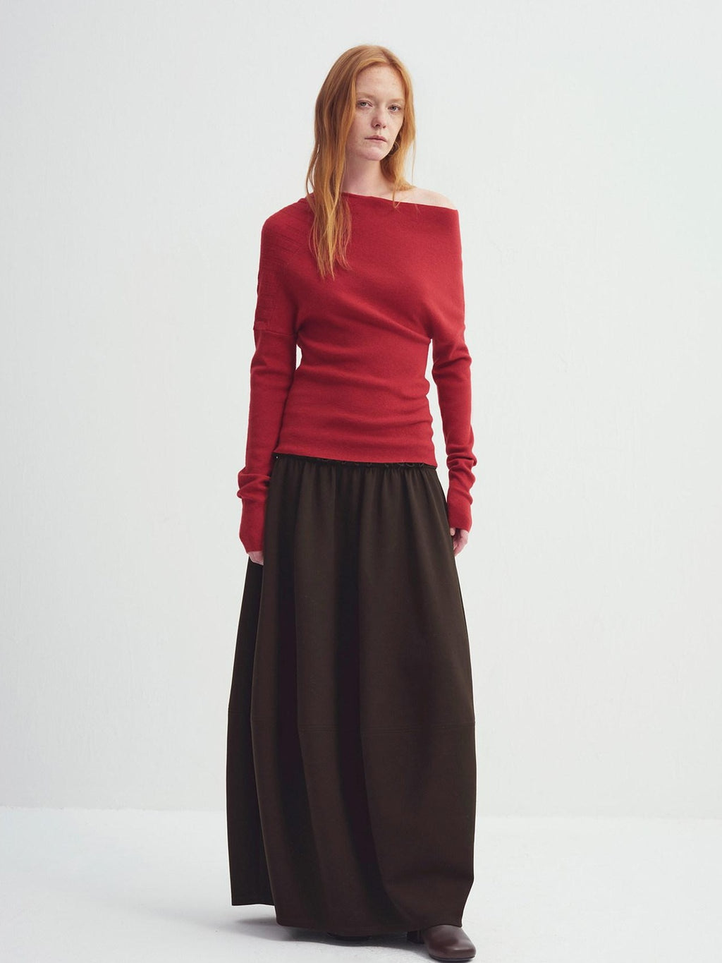 someonesometimes Fiery Red Asymmetric Slim Knit Pullover Women Slant Neck Sweaters