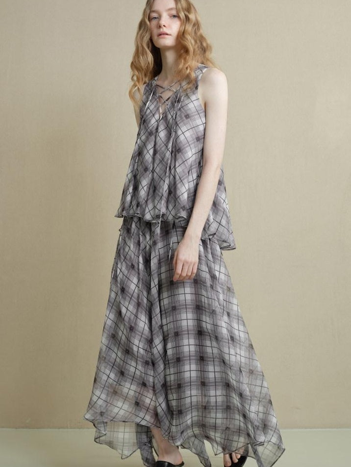someonesometimes Flattering Commuter Slim Tie Strap Plaid Vest And Skirt Women Top & Skirt Sets