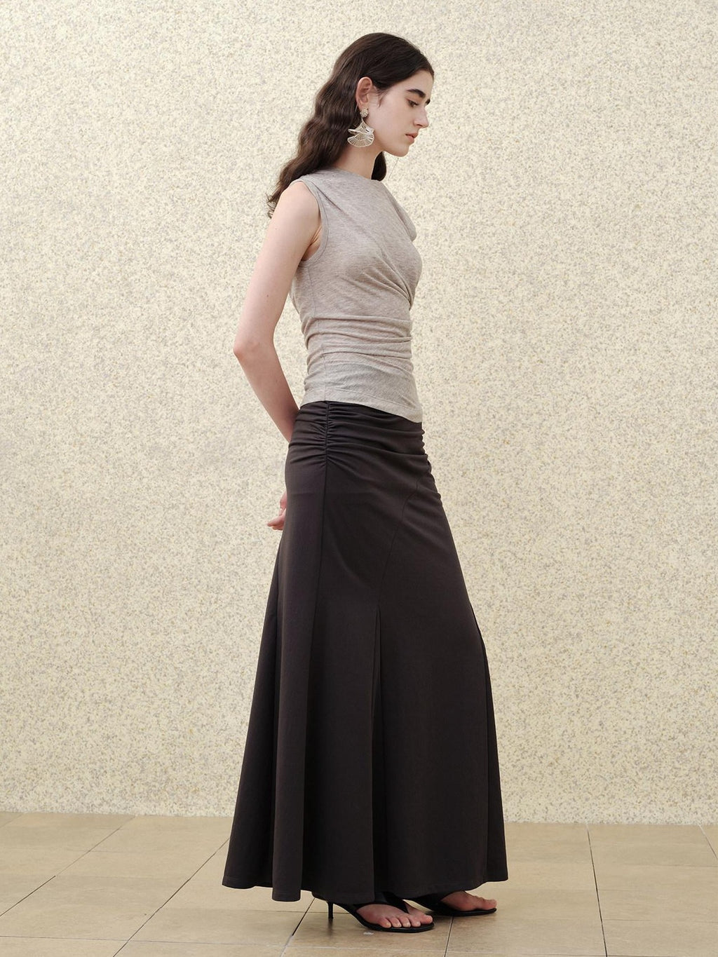someonesometimes Flattering High Waist Paneling Mermaid Silhouette Black Cotton Maxi Skirts