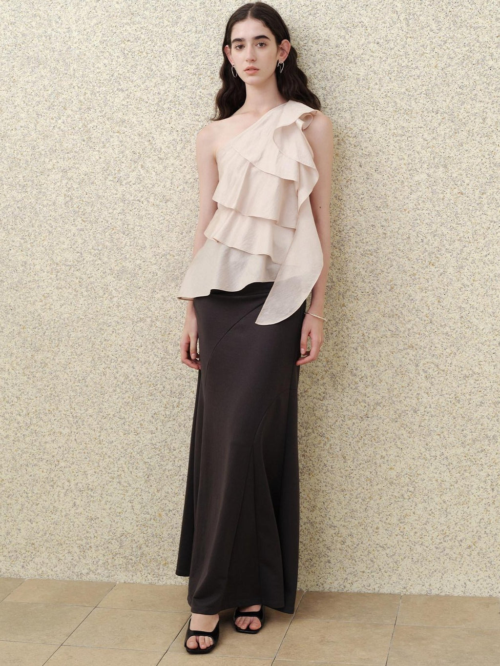 someonesometimes Flattering High Waist Paneling Mermaid Silhouette Black Cotton Maxi Skirts