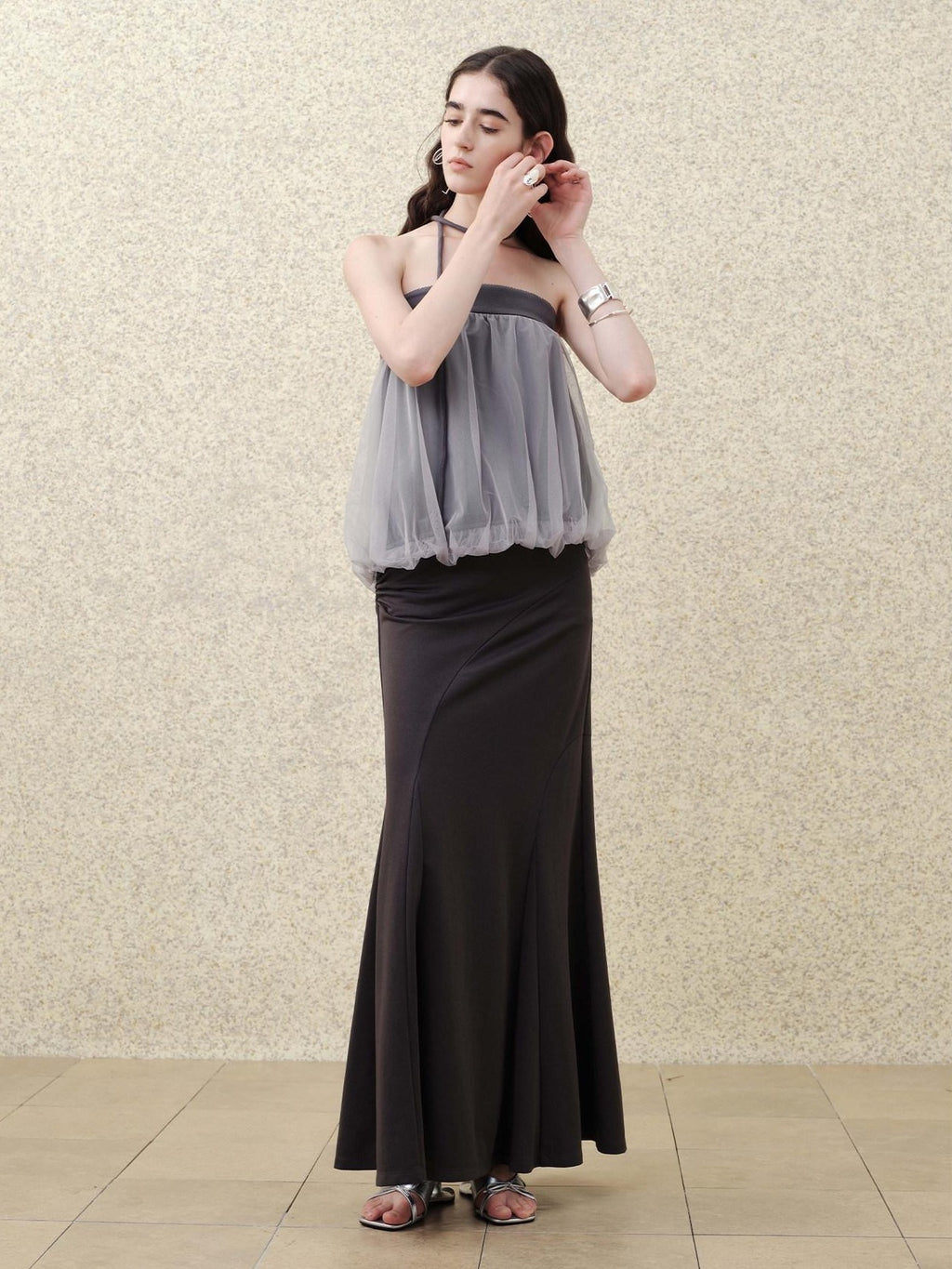 someonesometimes Flattering High Waist Paneling Mermaid Silhouette Black Cotton Maxi Skirts