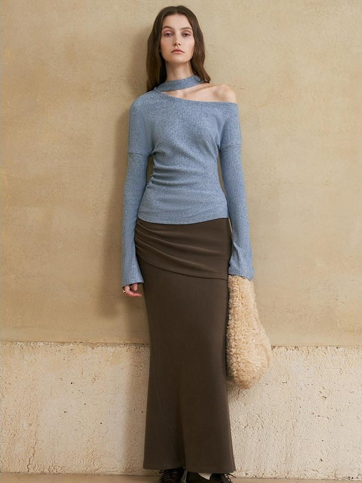 someonesometimes Flattering Mermaid Slim Fit Mid Rise Mocha Brown Knit Viscose Women Maxi Skirts