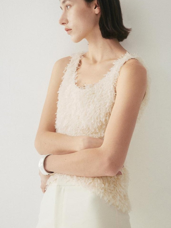 someonesometimes Fringe Detail Original Slim Fit Strappy Young Women Solid Cream Tank Tops