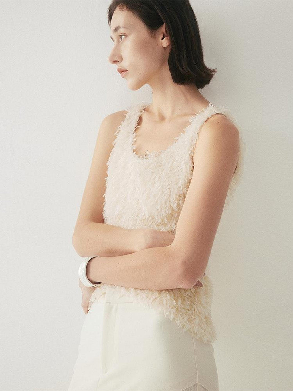 someonesometimes Fringe Detail Original Slim Fit Strappy Young Women Solid Cream Tank Tops