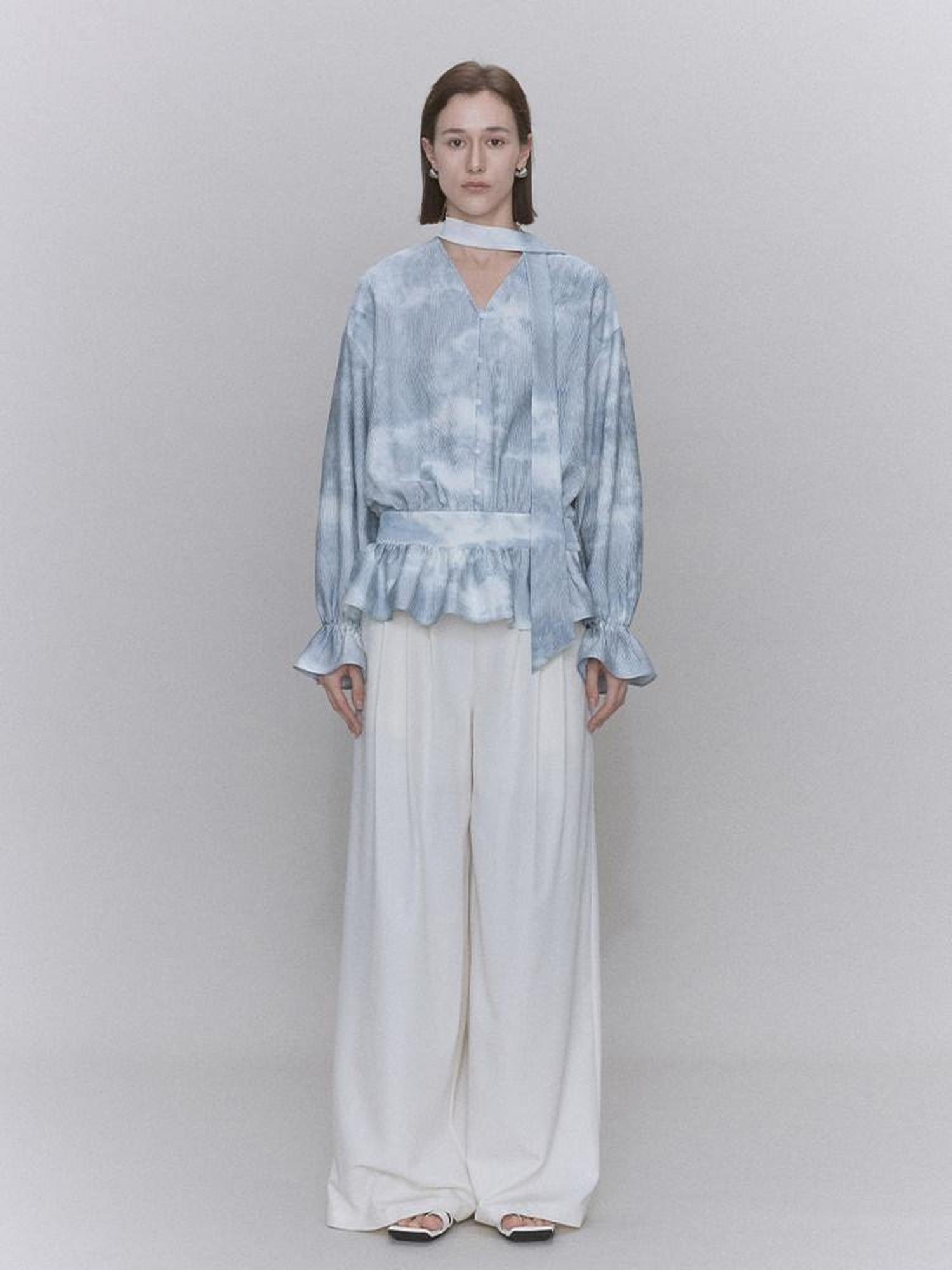 someonesometimes Glacier Blue Polyester V-neck Long Bell Sleeve Loose Fit Office Work Blouses