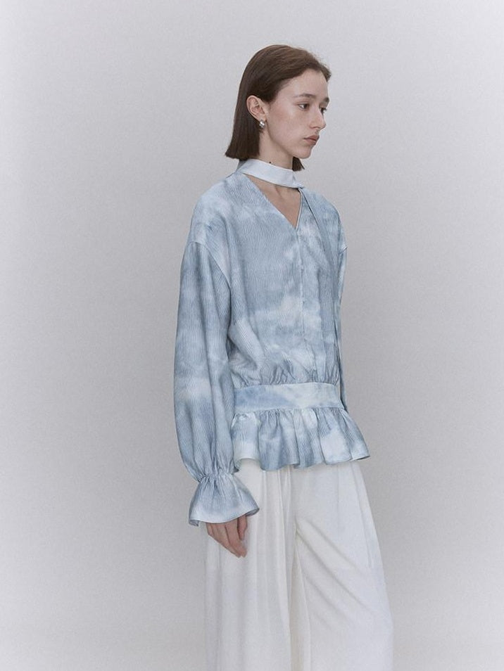 someonesometimes Glacier Blue Polyester V-neck Long Bell Sleeve Loose Fit Office Work Blouses