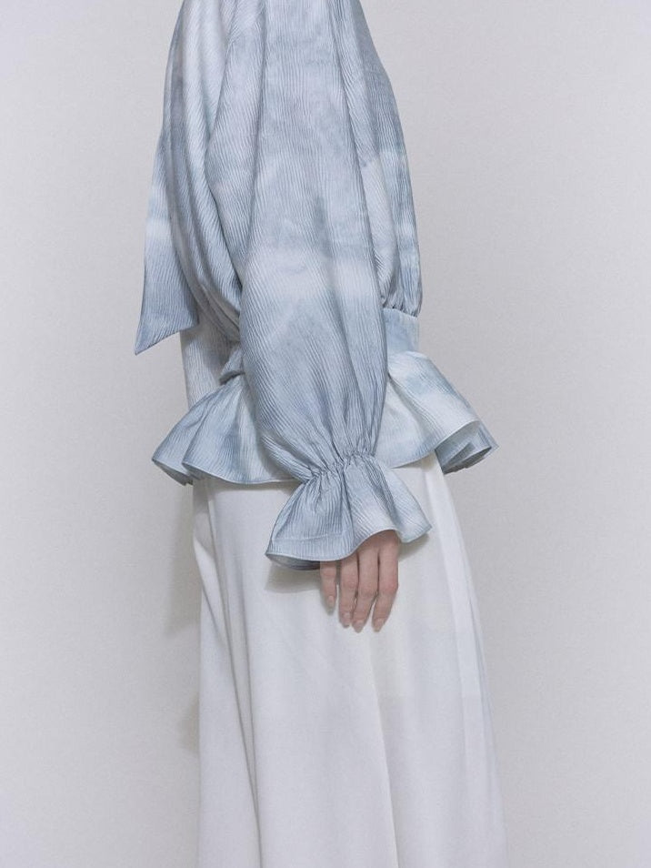 someonesometimes Glacier Blue Polyester V-neck Long Bell Sleeve Loose Fit Office Work Blouses