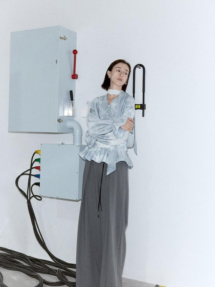 someonesometimes Glacier Blue Polyester V-neck Long Bell Sleeve Loose Fit Office Work Blouses