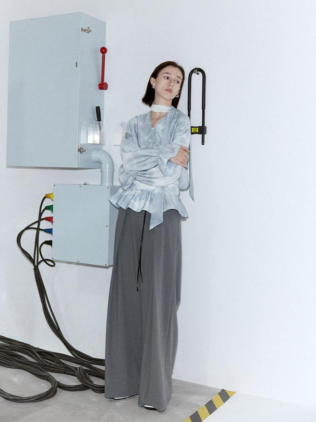 someonesometimes Glacier Blue Polyester V-neck Long Bell Sleeve Loose Fit Office Work Blouses
