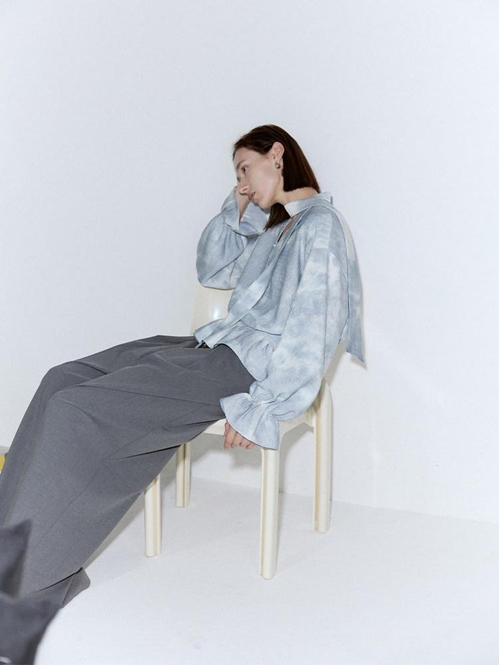 someonesometimes Glacier Blue Polyester V-neck Long Bell Sleeve Loose Fit Office Work Blouses