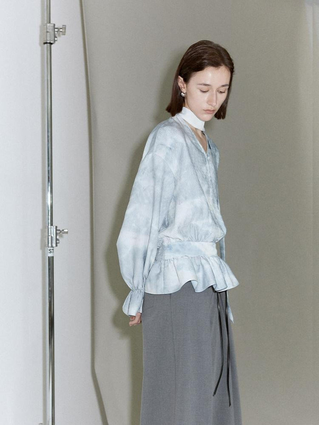 someonesometimes Glacier Blue Polyester V-neck Long Bell Sleeve Loose Fit Office Work Blouses