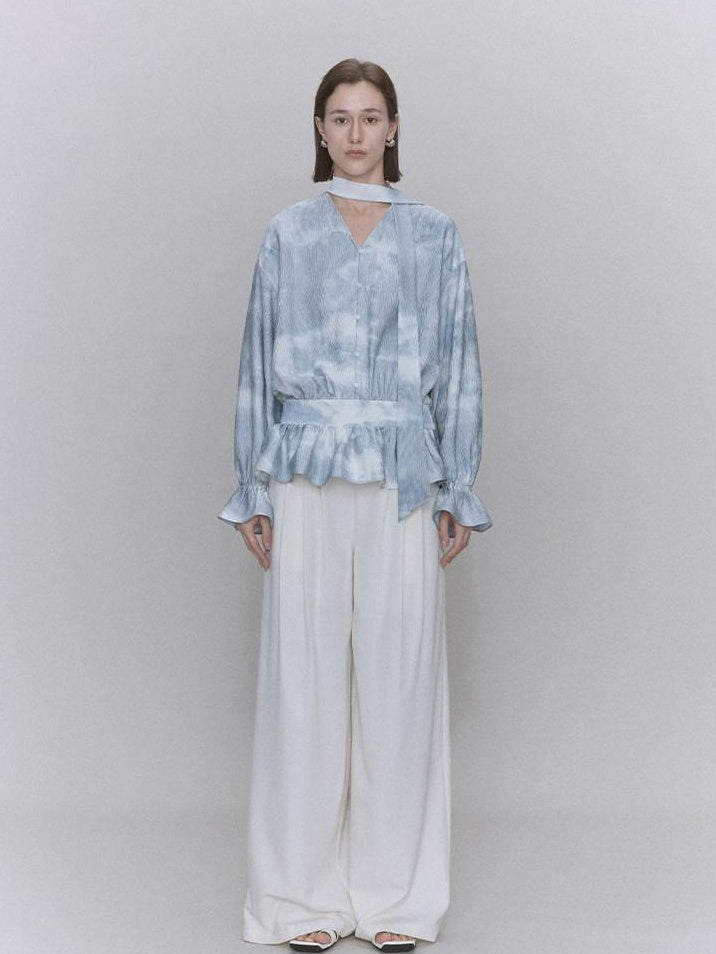 someonesometimes Glacier Blue Polyester V-neck Long Bell Sleeve Loose Fit Office Work Blouses