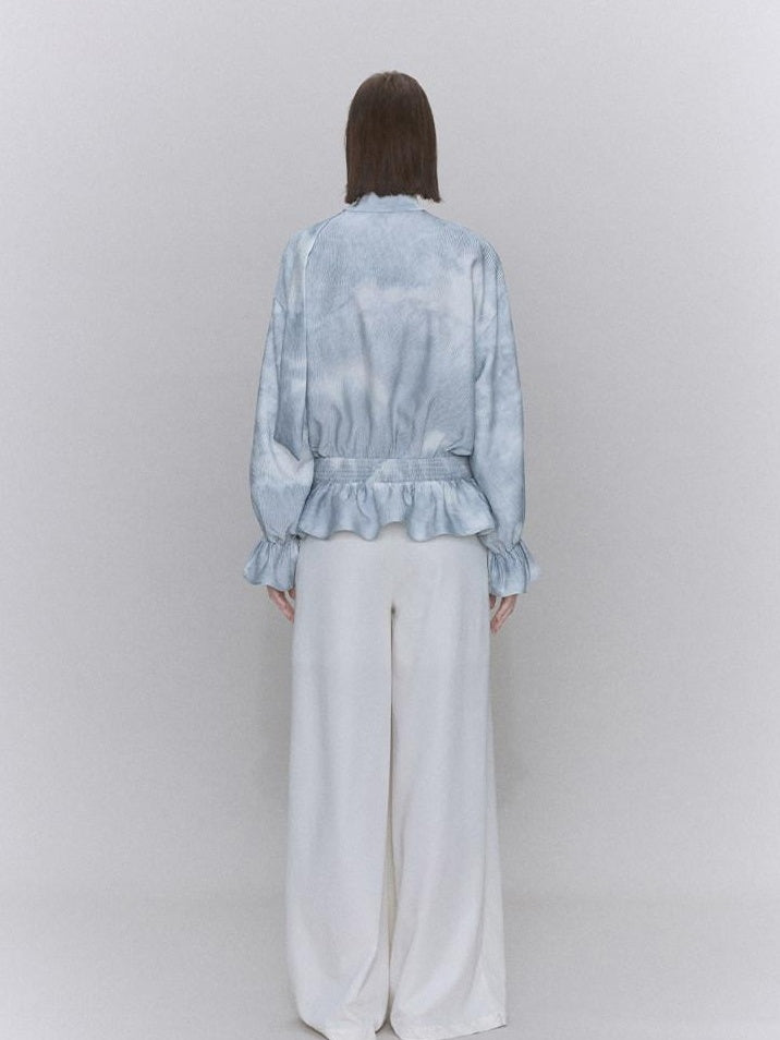 someonesometimes Glacier Blue Polyester V-neck Long Bell Sleeve Loose Fit Office Work Blouses