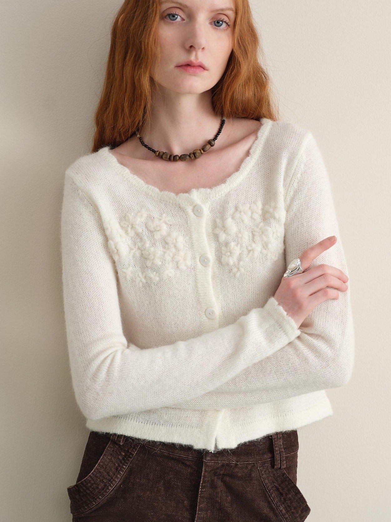someonesometimes Hand Crocheted Wool Blend Floral Scallop Edge Round Neck Women Cardigans