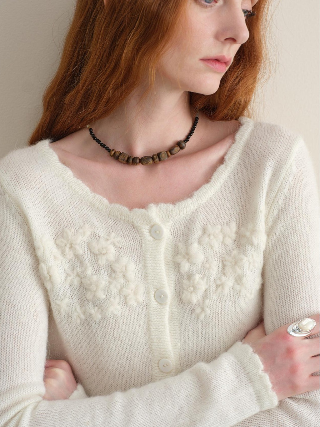 someonesometimes Hand Crocheted Wool Blend Floral Scallop Edge Round Neck Women Cardigans