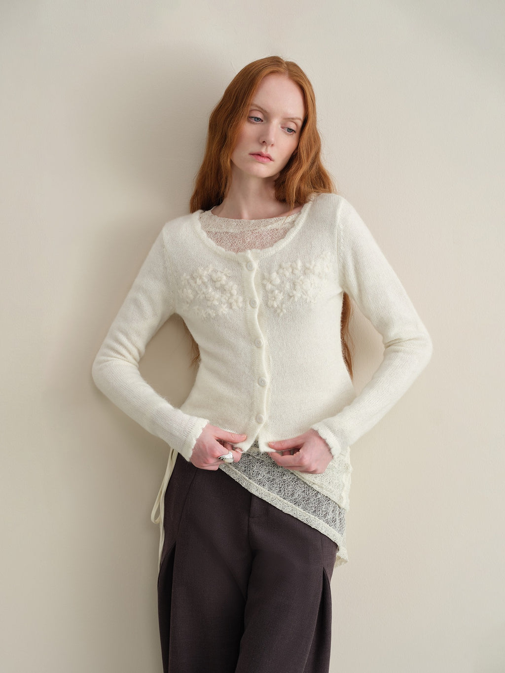 someonesometimes Hand Crocheted Wool Blend Floral Scallop Edge Round Neck Women Cardigans