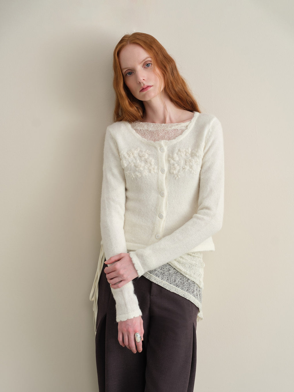 someonesometimes Hand Crocheted Wool Blend Floral Scallop Edge Round Neck Women Cardigans