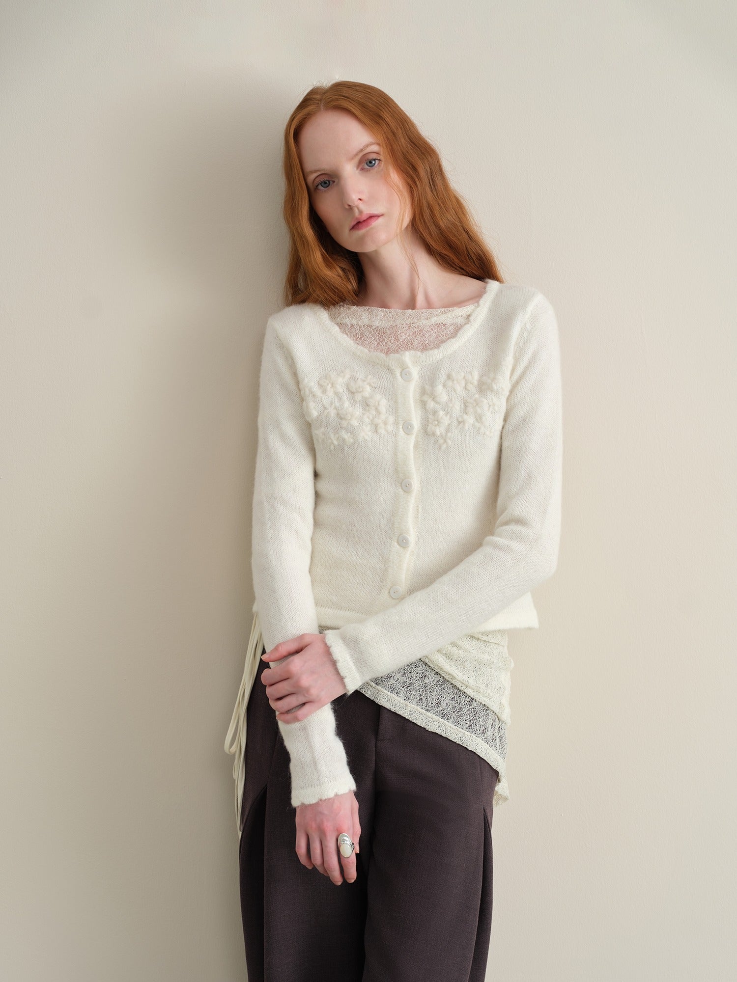 someonesometimes Hand Crocheted Wool Blend Floral Scallop Edge Round Neck Women Cardigans