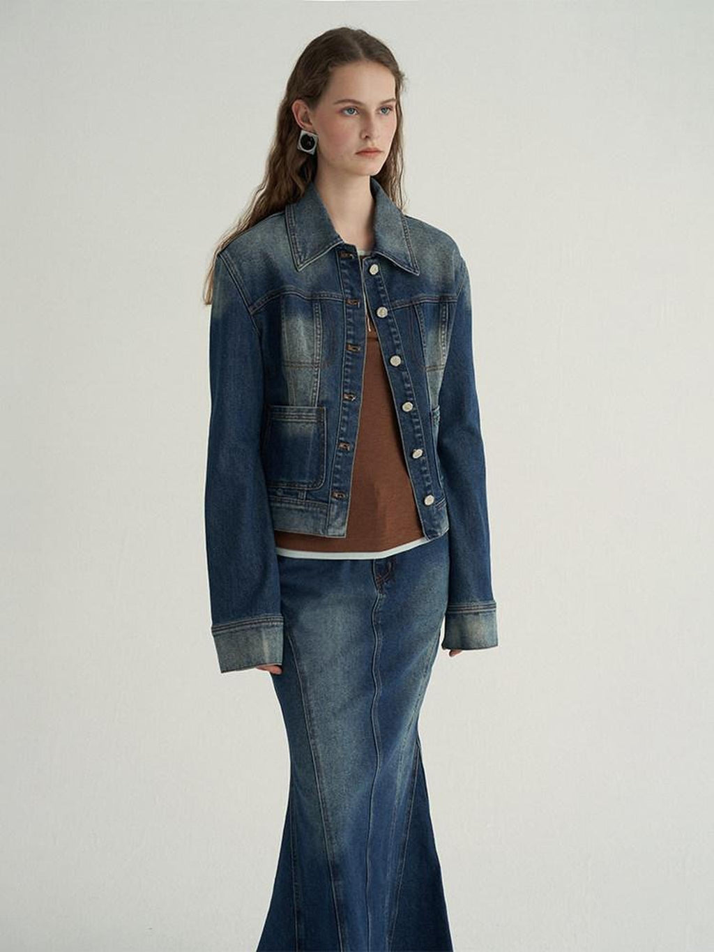 someonesometimes High Cotton Denim Blue Long Sleeve Collared Buttoned Women Top & Skirt Sets