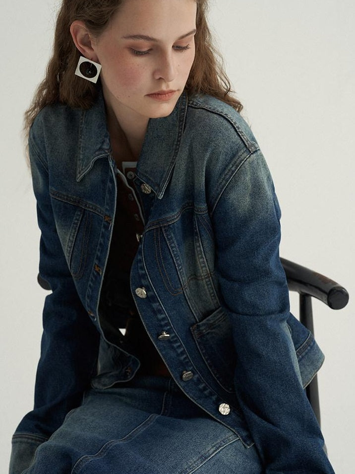 someonesometimes High Cotton Denim Blue Long Sleeve Collared Buttoned Women Top & Skirt Sets