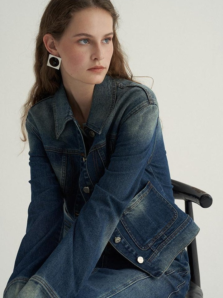 someonesometimes High Cotton Denim Blue Long Sleeve Collared Buttoned Women Top & Skirt Sets