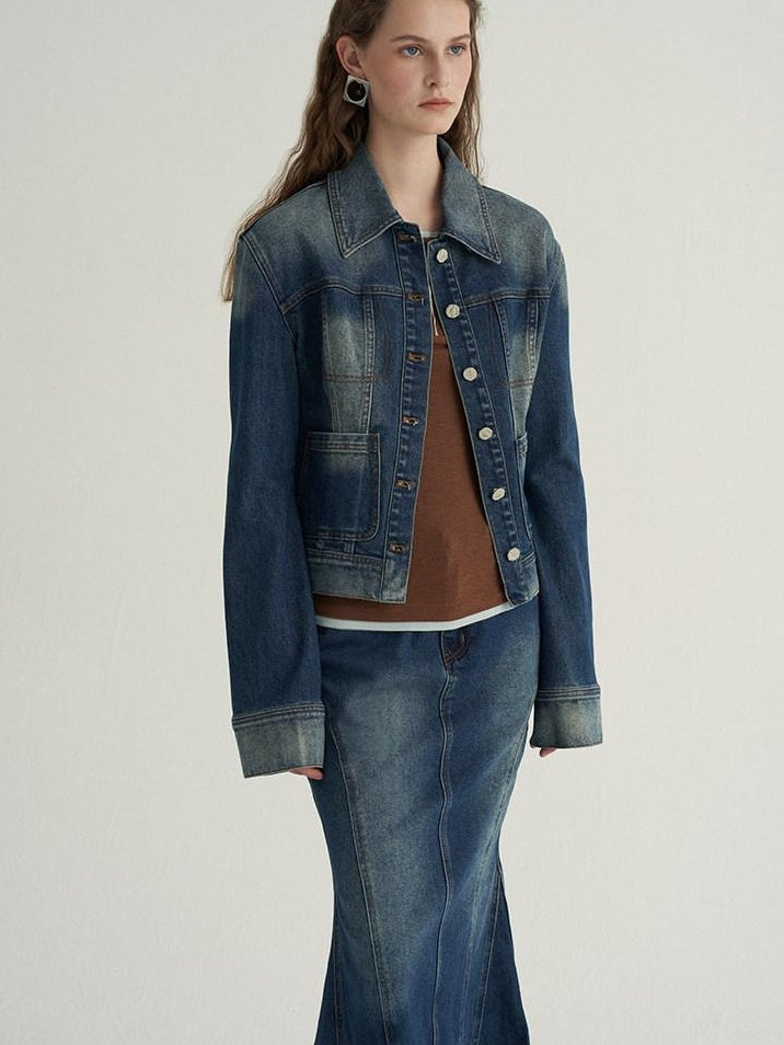 someonesometimes High Cotton Denim Blue Long Sleeve Collared Buttoned Women Top & Skirt Sets