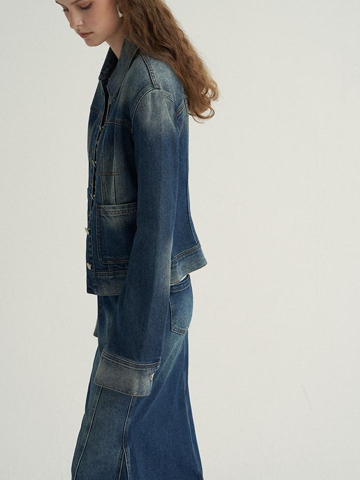 someonesometimes High Cotton Denim Blue Long Sleeve Collared Buttoned Women Top & Skirt Sets