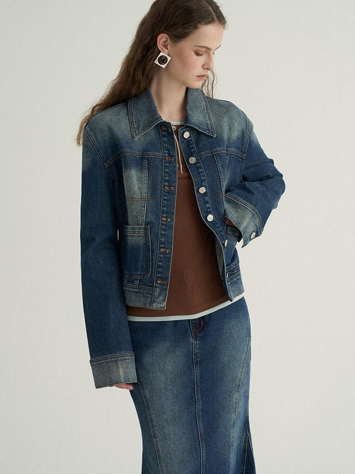 someonesometimes High Cotton Denim Blue Long Sleeve Collared Buttoned Women Top & Skirt Sets