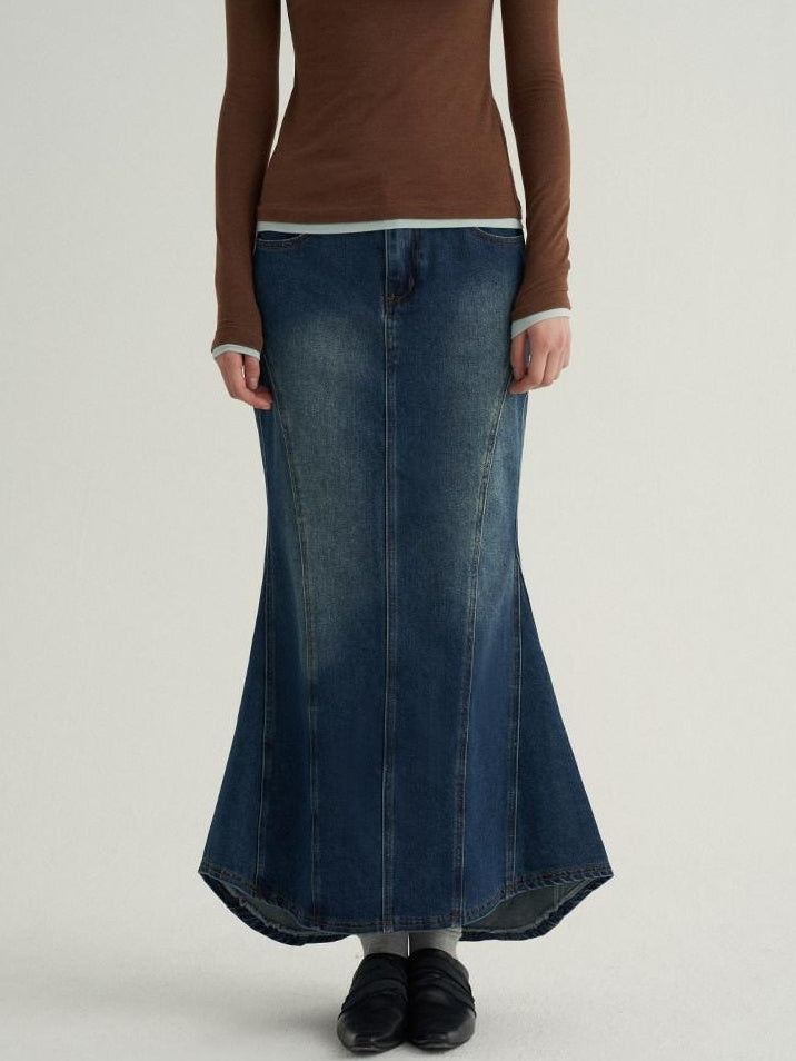 someonesometimes High Cotton Denim Blue Long Sleeve Collared Buttoned Women Top & Skirt Sets