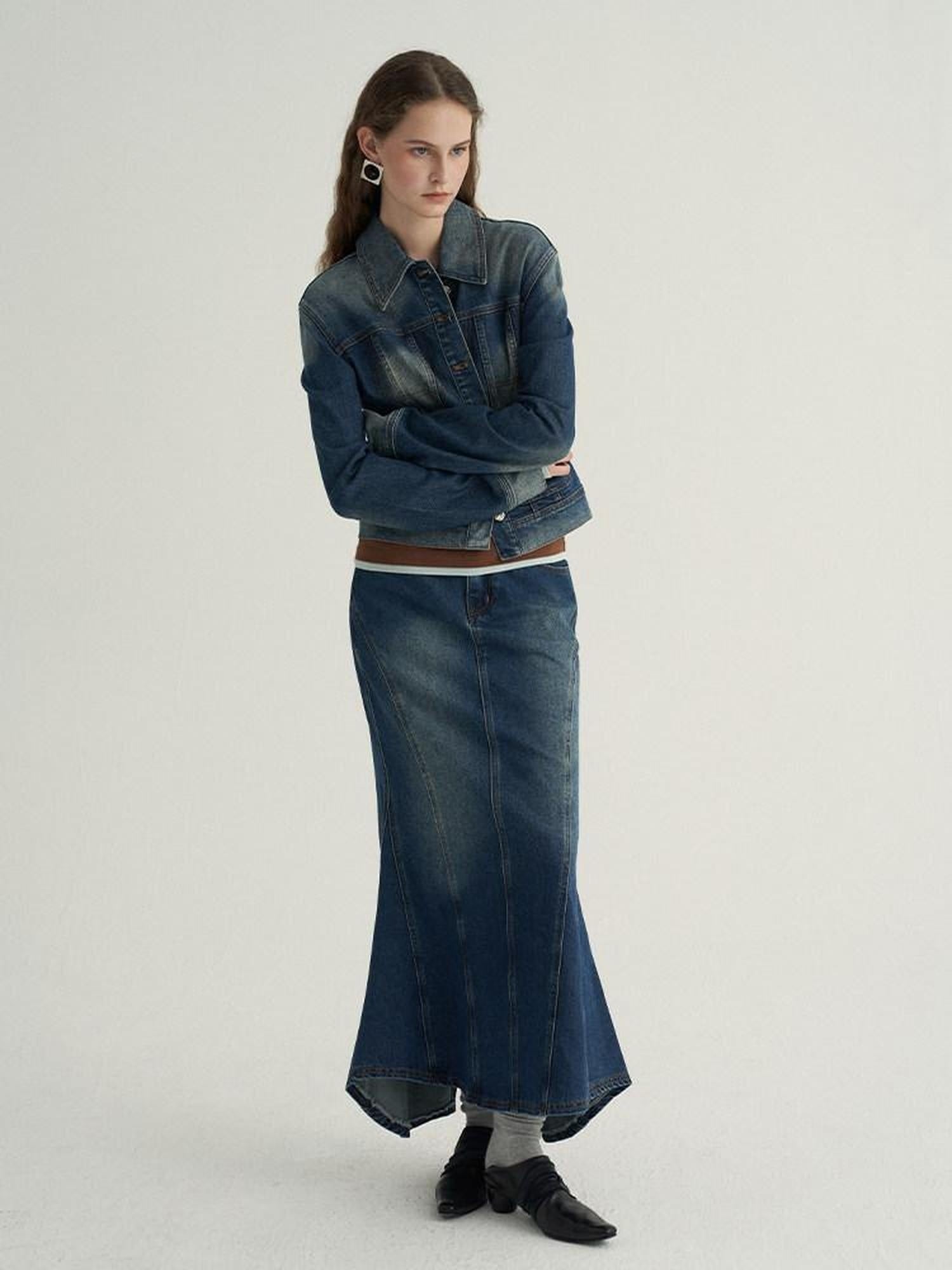 someonesometimes High Cotton Denim Blue Long Sleeve Collared Buttoned Women Top & Skirt Sets