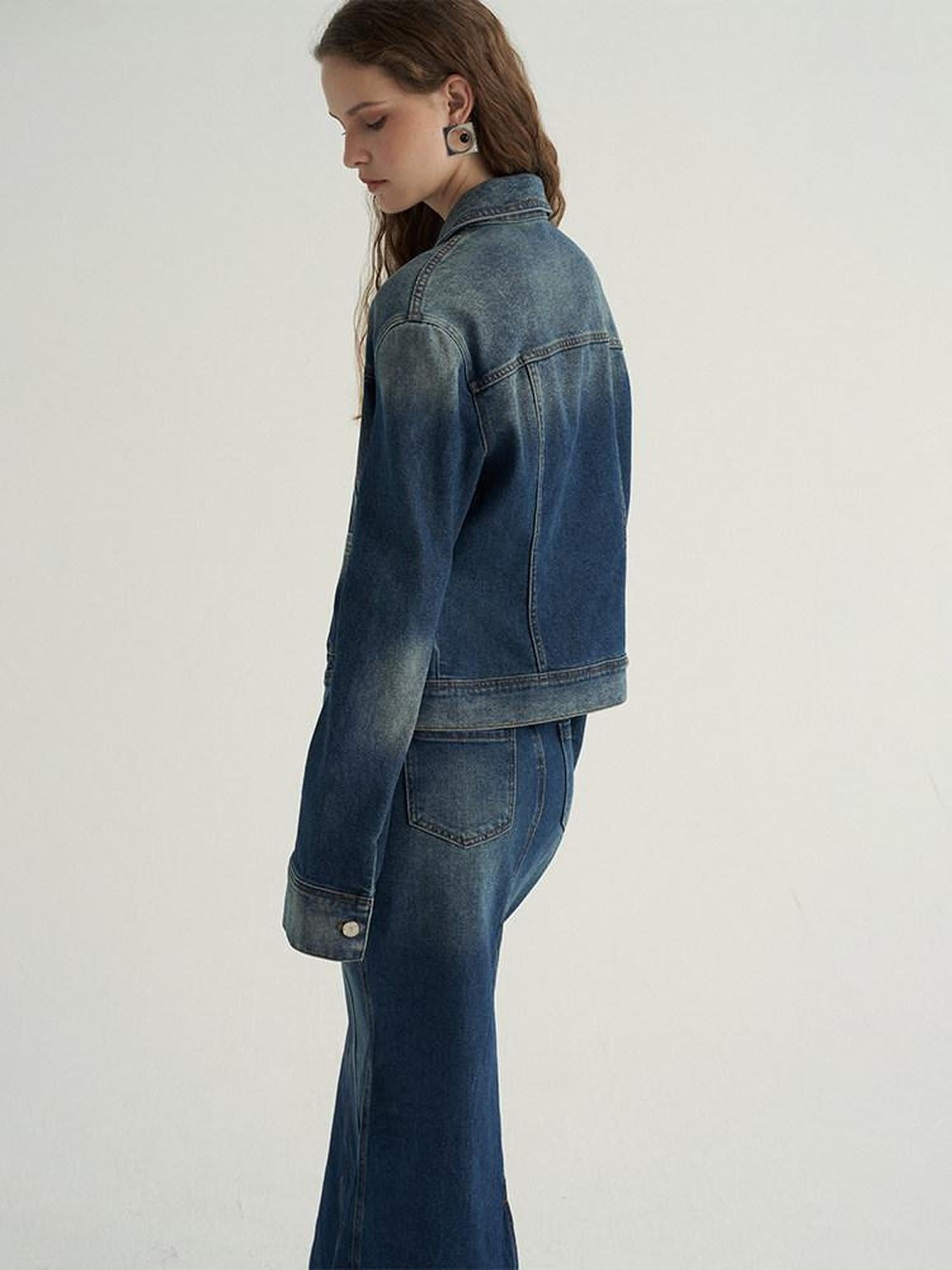 someonesometimes High Cotton Denim Blue Long Sleeve Collared Buttoned Women Top & Skirt Sets