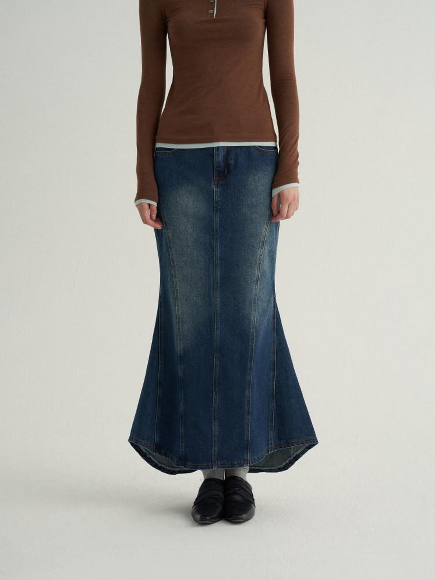 someonesometimes High Cotton Denim Blue Long Sleeve Collared Buttoned Women Top & Skirt Sets