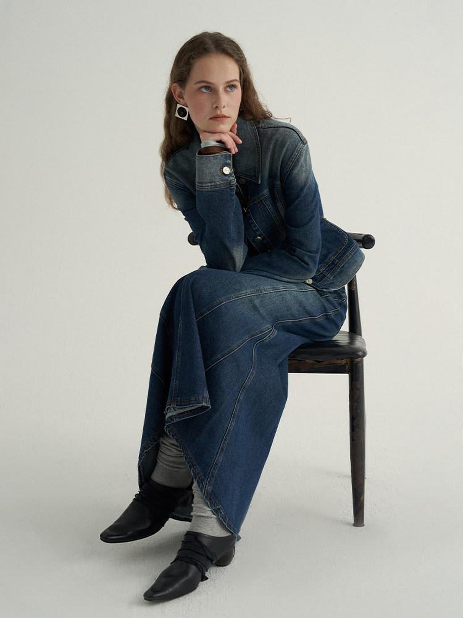 someonesometimes High Cotton Denim Blue Long Sleeve Collared Buttoned Women Top & Skirt Sets