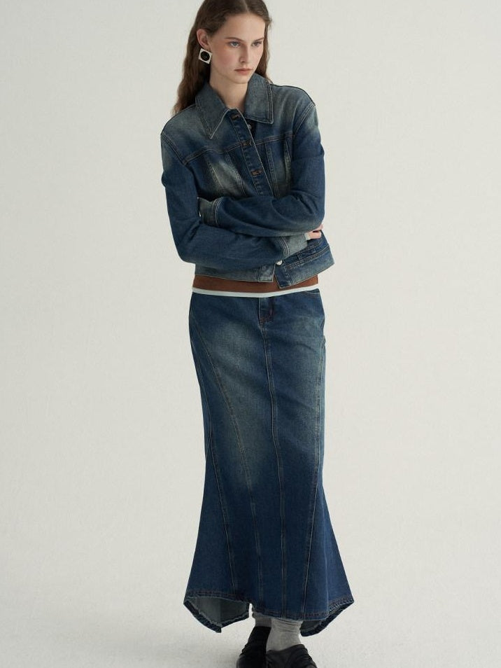 someonesometimes High Cotton Denim Blue Long Sleeve Collared Buttoned Women Top & Skirt Sets