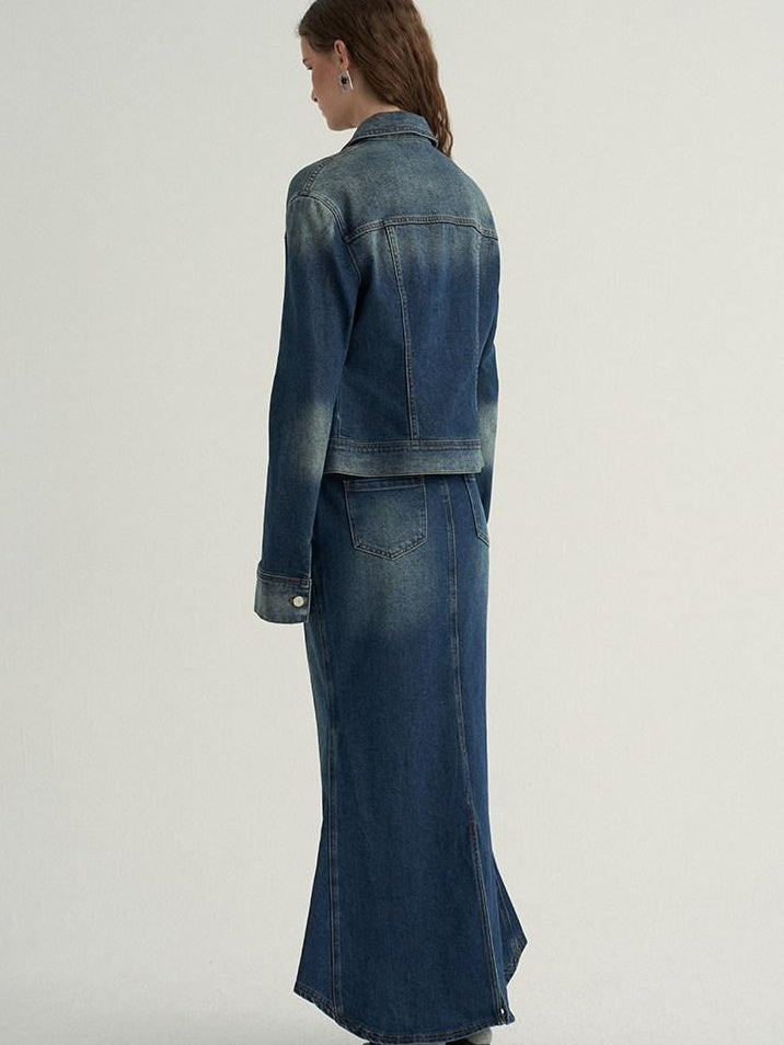 someonesometimes High Cotton Denim Blue Long Sleeve Collared Buttoned Women Top & Skirt Sets