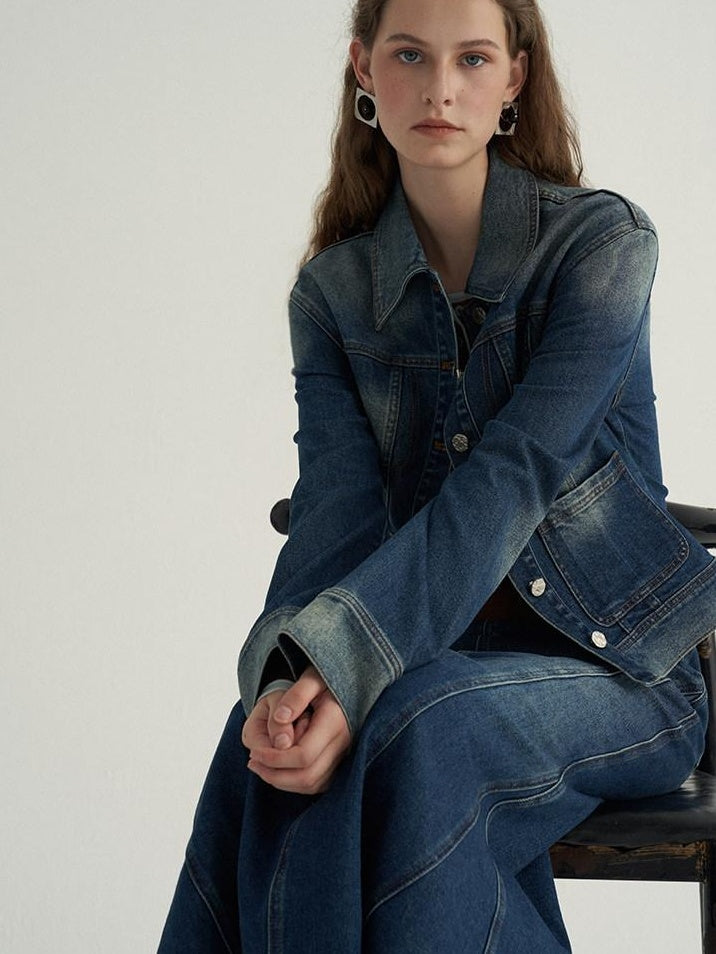 someonesometimes High Cotton Denim Blue Long Sleeve Collared Buttoned Women Top & Skirt Sets