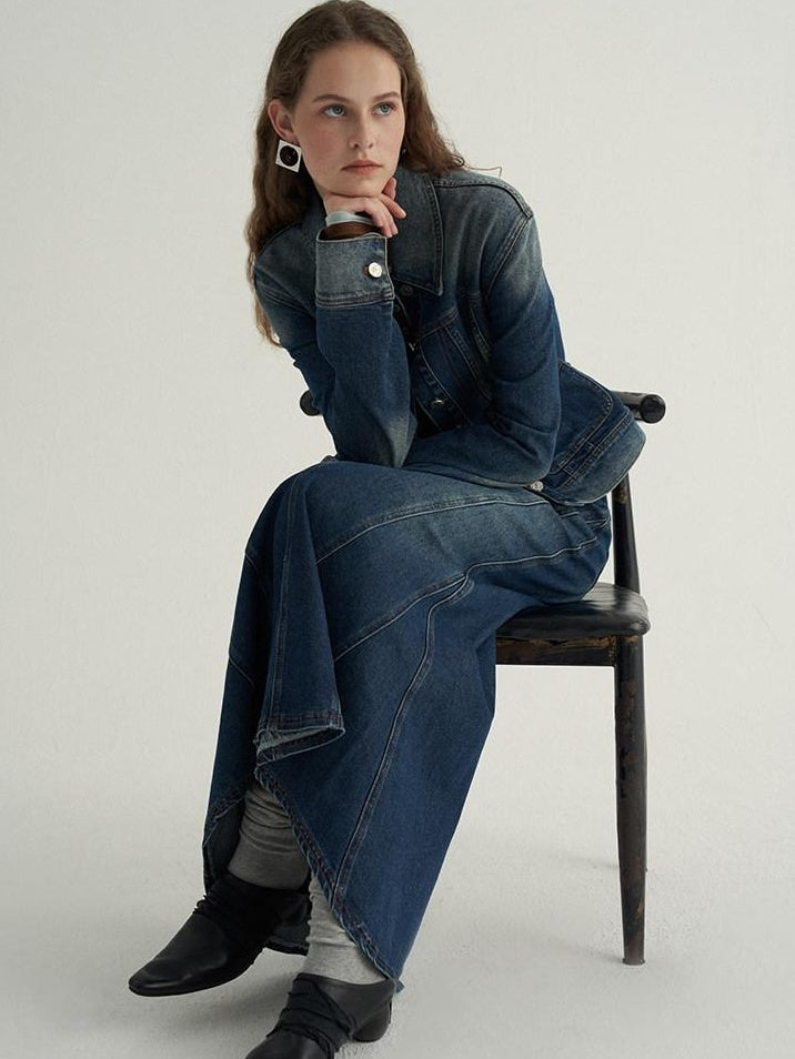 someonesometimes High Cotton Denim Blue Long Sleeve Collared Buttoned Women Top & Skirt Sets