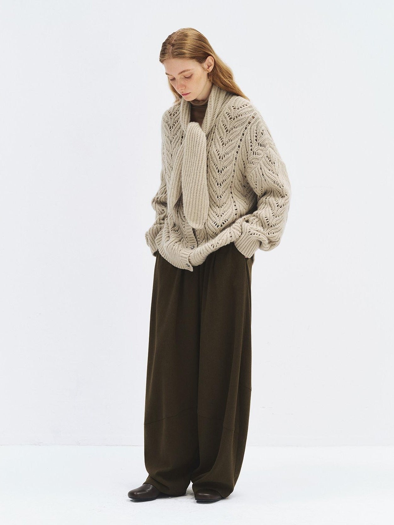 someonesometimes High Waist Olive Brown Casual Relaxed Wide Fit Wool Blend Wide Leg Pants